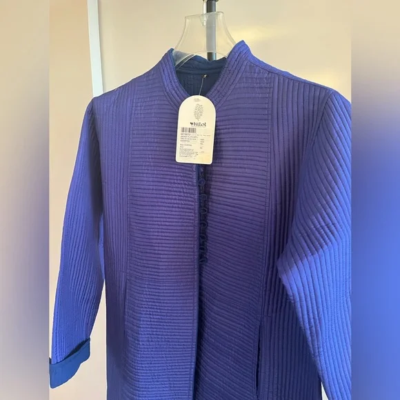 NWT Kilol FabIndia Style Silk Quilted Long Jacket Coat Nehru Cobalt Blue Purple